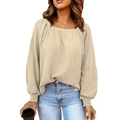 Damen Waffelstrick-Oberteil in Beige mit weitem Karree-Ausschnitt und langen Ärmeln - S / Khaki
