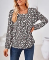 Detalle de cuello cuadrado y pliegues en el top floral de manga larga para mujer - S / Negro
