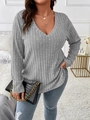 Close-up of v-neck ribbed long sleeve shirt in heather grey with loose fit texture - 3XL / Light Gray