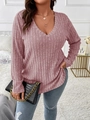 Detail of V-neck long sleeve top in ribbed mauve fabric with gold necklace styling - 3XL / Light Pink