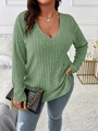 Close-up of sage green V-neck long sleeve shirt with vertical ribbed knit texture and soft fabric - 3XL / Light Green