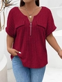 Detail of dark red v-neck zipper top with ribbed knit texture and decorative pockets - 3XL / Burgundy