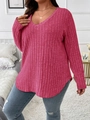 Plus size v-neck long sleeve ribbed knit top in deep rose pink with curved hem - 3XL / Rose Red