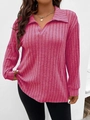 Top polo rosa in maglia a coste con scollo a V e maniche lunghe da donna - 3XL / Rosa