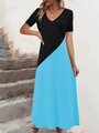 Détail de robe à col en V avec jupe longue plissée de couleur bleu ciel - S / Bleu Ciel