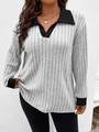 Top a maglia a coste grigie con scollo a V da donna e bordi neri a contrasto - 3XL / Grigio chiaro