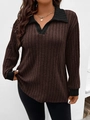 Maglia da donna a maniche lunghe con scollo a V e colletto polo in tessuto a coste marrone - 3XL / Marrone Scuro