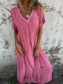 Detail of pink cotton linen maxi dress showing breathable fabric texture and V-neckline - XS / Pink