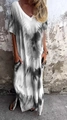 Dettaglio dell'abito lungo tie-dye con scollo a V, maniche corte e spacchi laterali estivi - Taglia S / Pantaloni e gonne / Grigio nero
