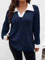 Top in maglia a coste blu scuro con scollo a V, colletto bianco a contrasto e maniche lunghe - 3XL / Blu scuro