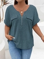 Detail of V-neck zipper closure and vertical ribbed texture on blue short sleeve top - 3XL / Grey Blue