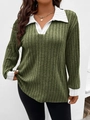 Top a coste verde militare da donna con colletto a contrasto bianco e scollo a V con bottoni - 3XL / Verde Militare