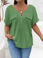 Close-up of grass green ribbed knit top featuring V-neck zipper and decorative pockets - 3XL / Light Green