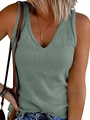 Close-up of sage green V-neck knitted tank top with vertical ribbed texture and slim fit - S / Green
