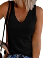 Detailed view of the ribbed knit fabric and deep V-neckline on a black slim-fit tank top - S / Black