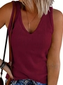 Detail of burgundy V-neck ribbed knit tank top showing texture and elastic sleeveless fit - S / Burgundy
