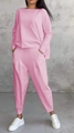 Dettaglio di maglia a maniche lunghe in maglia malva e pantaloni coordinati con elastico - Taglia S / Top E Pantaloni / Rosa