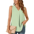 Detalle de la blusa de chifón sin mangas verde claro con cuello en V y detalle de pliegue - S / Verde claro