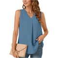 Detalle del top azul sin mangas con cuello en V, pliegue central y tejido de gasa premium - S / Azul Denim