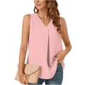 Detalle de la blusa rosa sin mangas de gasa con cuello en V y pliegues frontales - S / Rosa loto