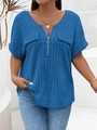Detailed macro of the ribbed knit fabric and V-neck with silver ring zipper pull - 3XL / Sapphire Blue