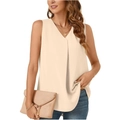 Detalle de la blusa sin mangas de gasa crema con escote en V y pliegues frontales suaves - S / Albaricoque