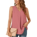 Detalle de blusa rosa de gasa sin mangas con cuello en V y diseño de pliegues frontales - S / Rojo Ladrillo