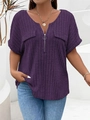 Detail of purple ribbed V-neck top featuring a round zipper pull and decorative pockets - 3XL / Purple