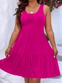 Detail of rose pink sleeveless midi dress with tiered skirt and elegant round neckline - XL / Bright Pink