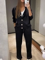 Women's black knit two-piece set featuring a V-neck cardigan and wide-leg trousers - S / Top And Bottom / Black