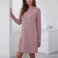 Women casual loose round neck long sleeve knit dress in dusty rose pink with side buttons - S / Pink