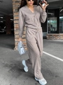 Women's 2-piece light coffee knit set with a button-up cardigan and straight pants - S / Top And Bottom / Khaki