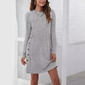 Grey long sleeve knit dress for women with crew neck and side decorative buttons - S / Gray