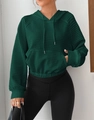 Detail of waffle-knit fabric and kangaroo pocket on dark green drawstring hoodie - S / Dark Green
