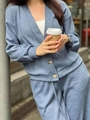Women's 2-piece grey blue casual knit tracksuit featuring V-neck cardigan and drawstring pants - S / Top And Bottom / Blue Gray