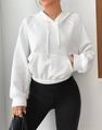Detail showing the white waffle texture fabric and adjustable drawstring hood of the hoodie - S / White