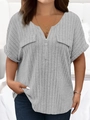 Light gray V-neck zip-up T-shirt with vertical rib texture and decorative pockets - 3XL / Light Gray