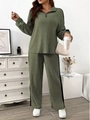 Tuta in maglia a coste verde oliva da donna con top a mezza zip e pantaloni a gamba larga - XL / Top E Pantaloni / Verde militare