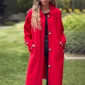 Elegante cappotto lungo in lana rossa con revers classici e chiusura a bottoni - S / Rosso