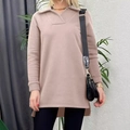 Sudadera larga de mujer rosa palo con cuello polo y aberturas laterales - S / Albaricoque