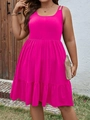 Detail of rose red plus size sleeveless summer dress with ruffled hem and empire waist - XL / Bright Pink
