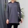 Sudadera larga de mujer gris oscuro con cuello polo y aberturas laterales casuales - S / gris oscuro