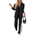 Women's two-piece black leisure suit with notched lapels and side white stripes - S / Black