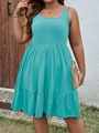 Detail of the layered ruffle hem and textured fabric on this summer sleeveless dress - XL / Sky Blue