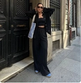 Completo nero 3 pezzi in lino con camicia, top a fascia e pantaloni larghi a gamba larga - Nero