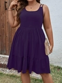Detail of plus size dark purple sleeveless dress featuring tiered ruffle hem and double straps - XL / Purple