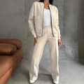 Women casual cream two-piece lounge set with zipper jacket and wide-leg trousers - S / 2 Piece Set (Jacket + Pants) / Off White