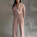 Women's autumn casual pink sweatshirt set with zipper jacket and wide-leg trousers - S / 2 Piece Set (Jacket + Pants) / Pink