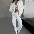 Three-piece women's white leisure set with zipper jacket and wide-leg trousers - S / 3-Piece Set (Jacket + Vest + Pants) / White