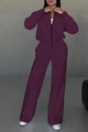 Detail of plum purple two-piece set featuring zippered jacket and wide-leg trousers - S / 2 Piece Set (Jacket + Pants) / Fuschia